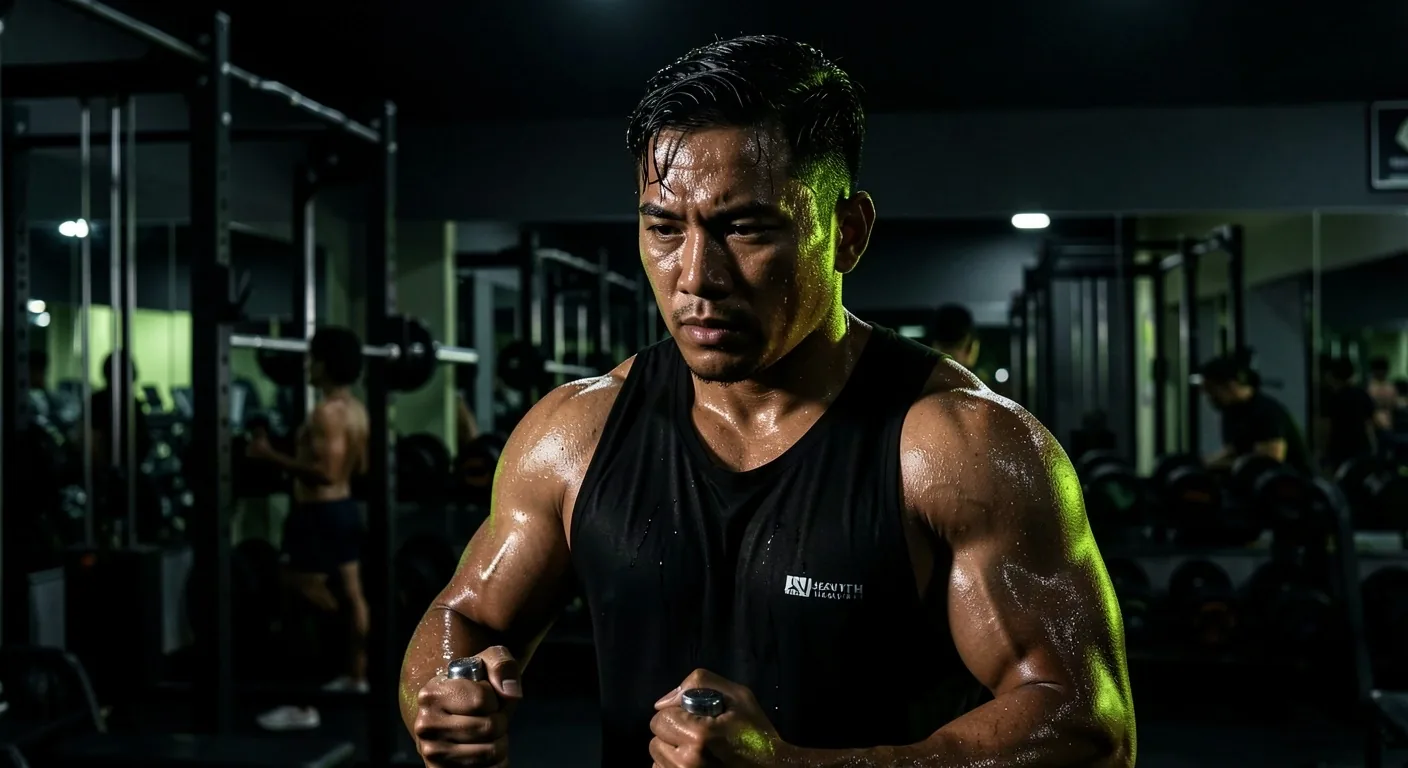 Indonesian man training in a low-key lit gym environment